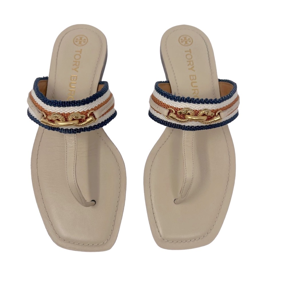 Tory Burch Jessa Thong Sandal Dulce de Leche Cream Navy Size 7.5 ♠️🎇
